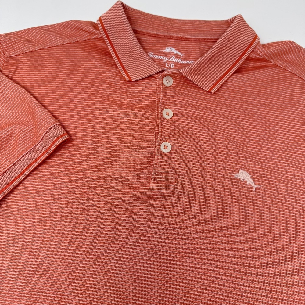 Tommy Bahama Polo Shirt Mens L Orange Stripe Marlin Logo Casual Short Sleeve
